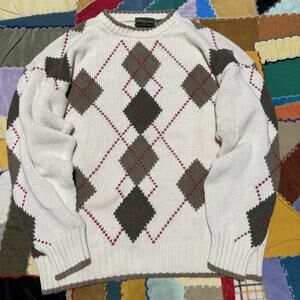 Vintage 90s Hunting Horn Mocha Color Diamon Argyle White Ramie/Cotton Sweater XL